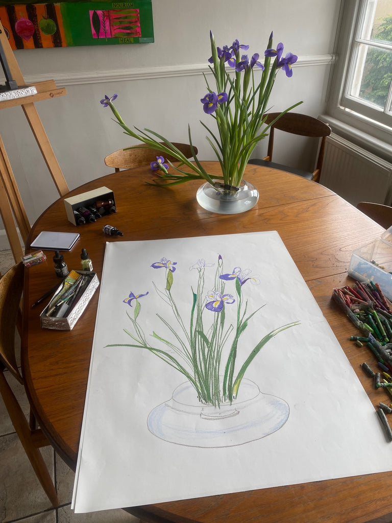 Purple Iris in a Contemporary Glass Bowl - ORIGINAL DRAWING