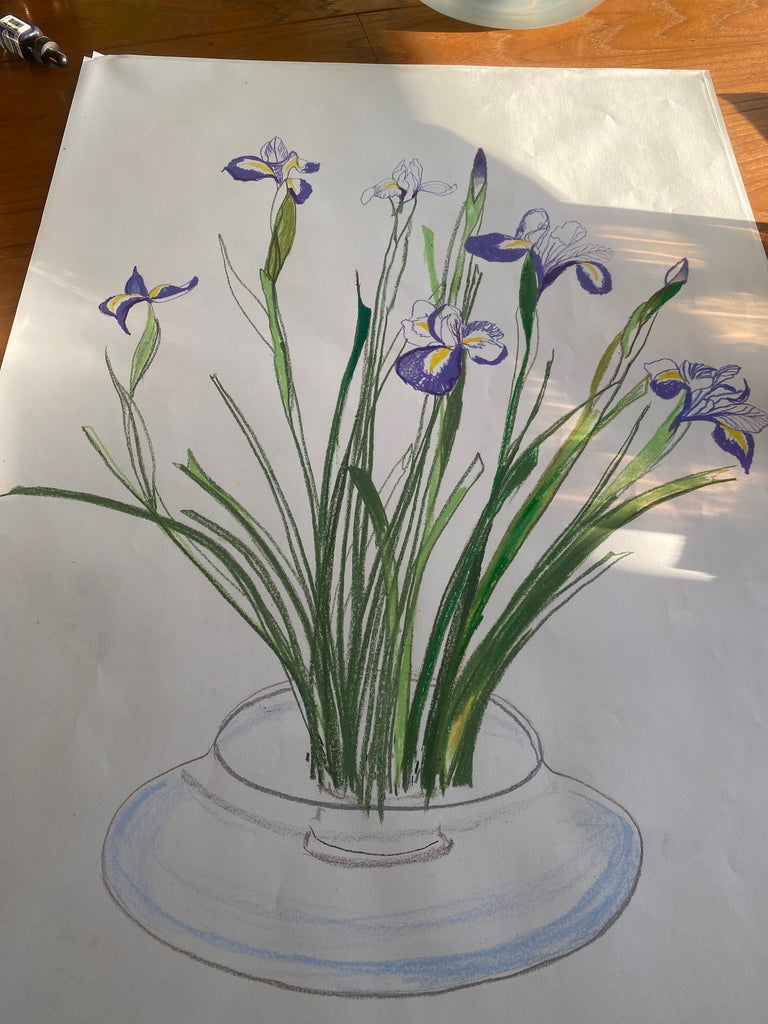 Purple Iris in a Contemporary Glass Bowl - ORIGINAL DRAWING