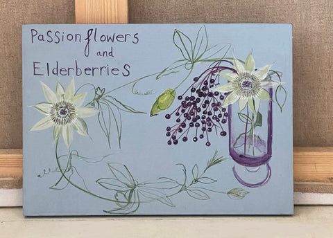 Autumnal Passionflowers and Elderberries - Original Painting