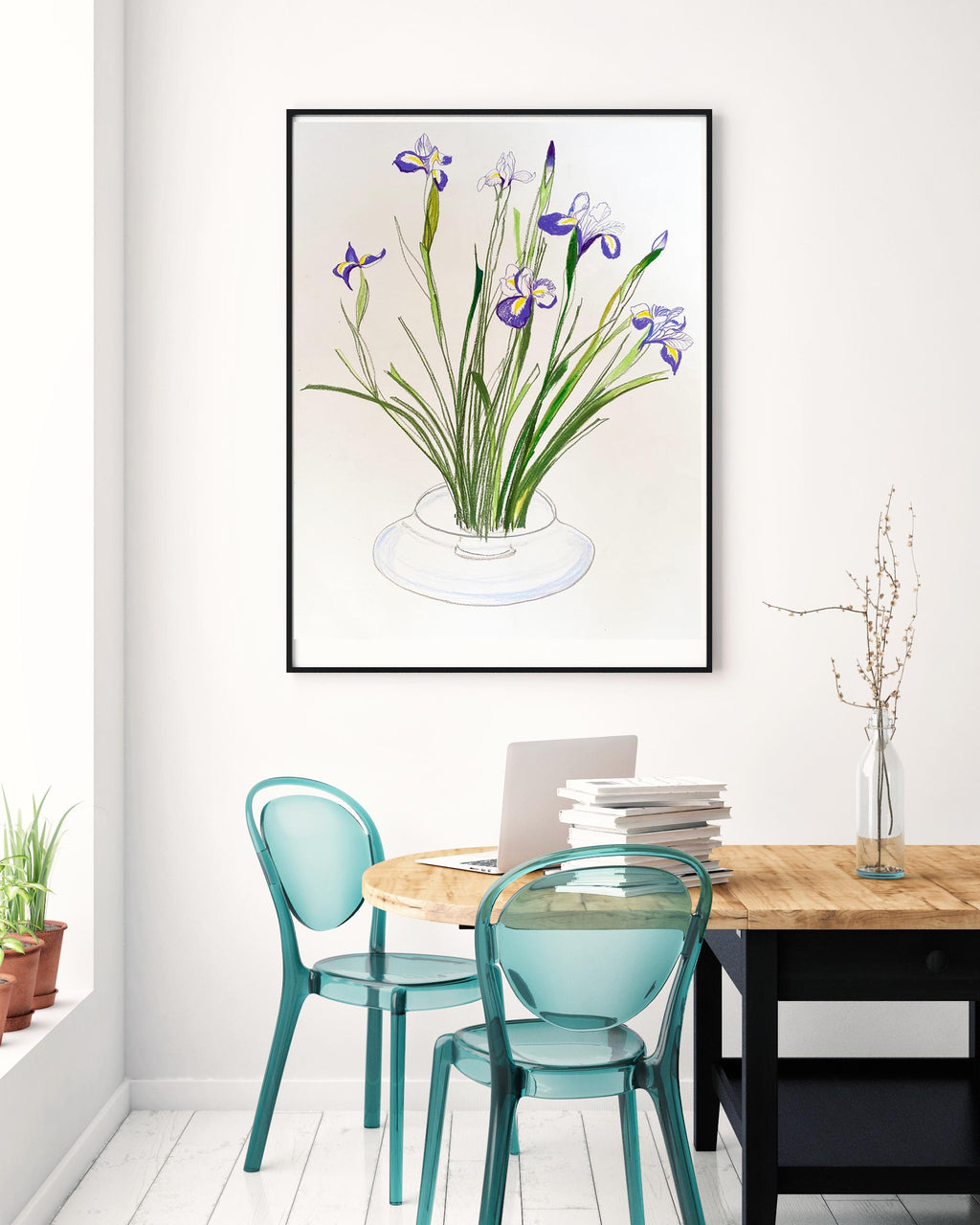 Purple Iris in a Contemporary Glass Bowl - ORIGINAL DRAWING