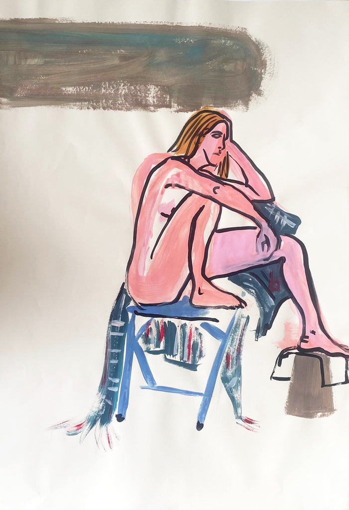 Seated Nude on Blue Chair with Throw - ORIGINAL DRAWING