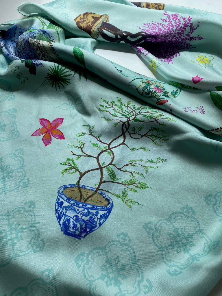 Silk Scarf - Frangipani Shophouses & Ginger Jars