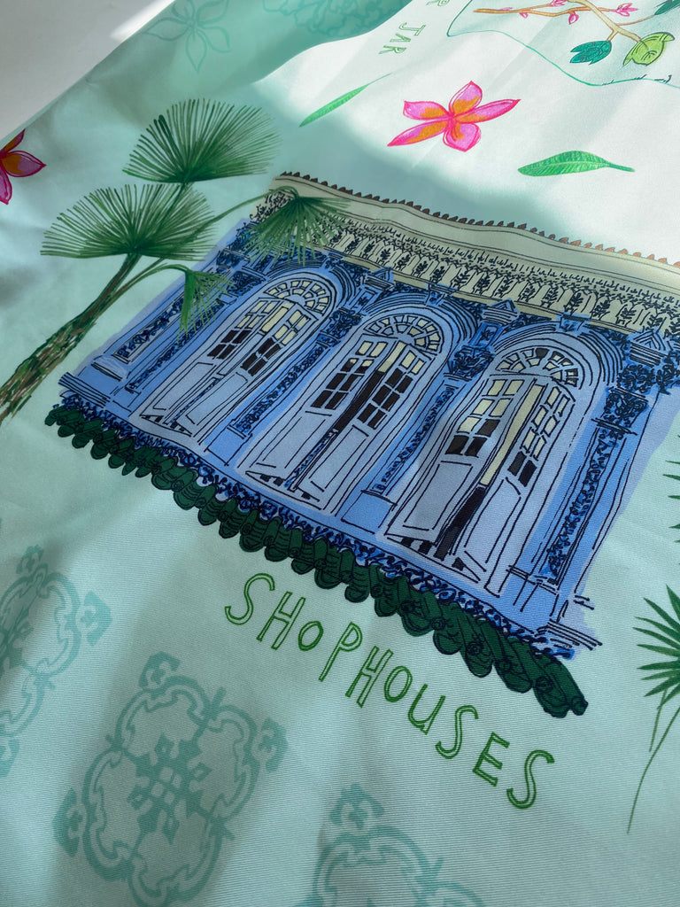 Silk Scarf - Frangipani Shophouses & Ginger Jars