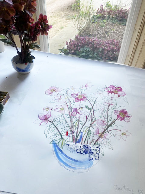 Oriental Hellebores in a Japanese Bowl - ORIGINAL DRAWING