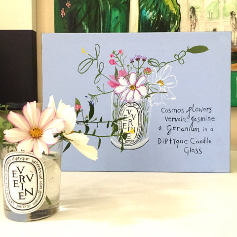 Cosmos Flowers, Vervain, Jasmine & Geranium in a Diptyque Candle Glass