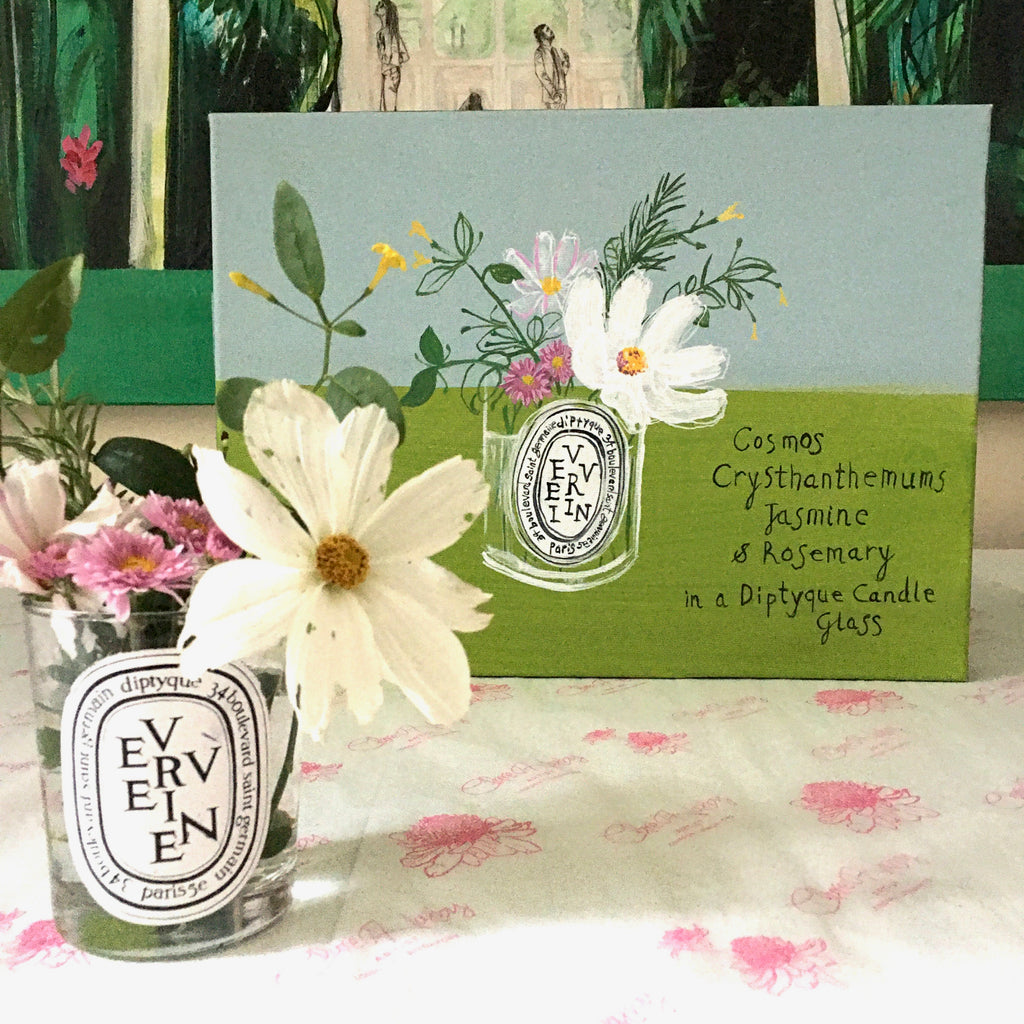 Cosmos, Chrysanthemums, Jasmine & Rosemary in a Diptyque Candle Glass