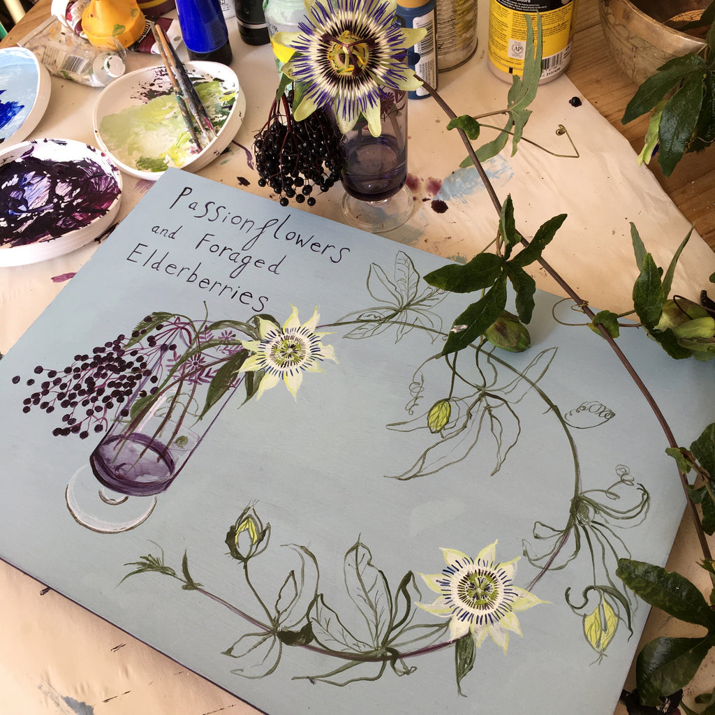 Passionflowers and Foraged Elderberries - Original Painting