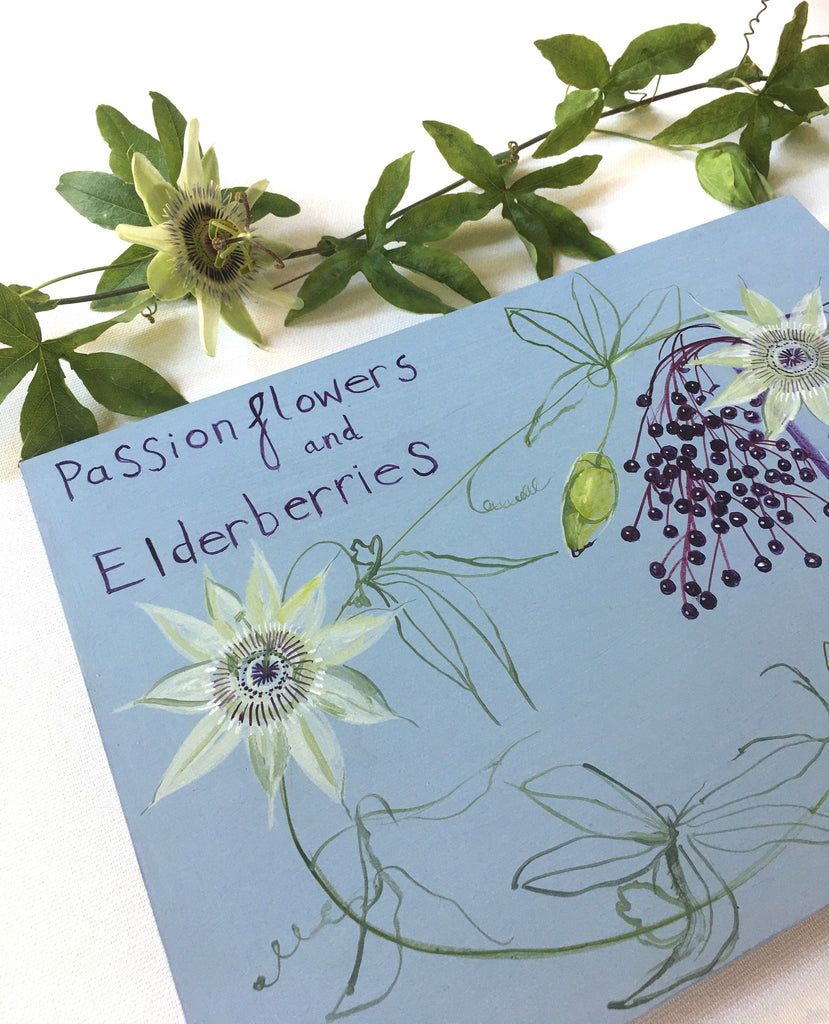 Autumnal Passionflowers and Elderberries - Original Painting