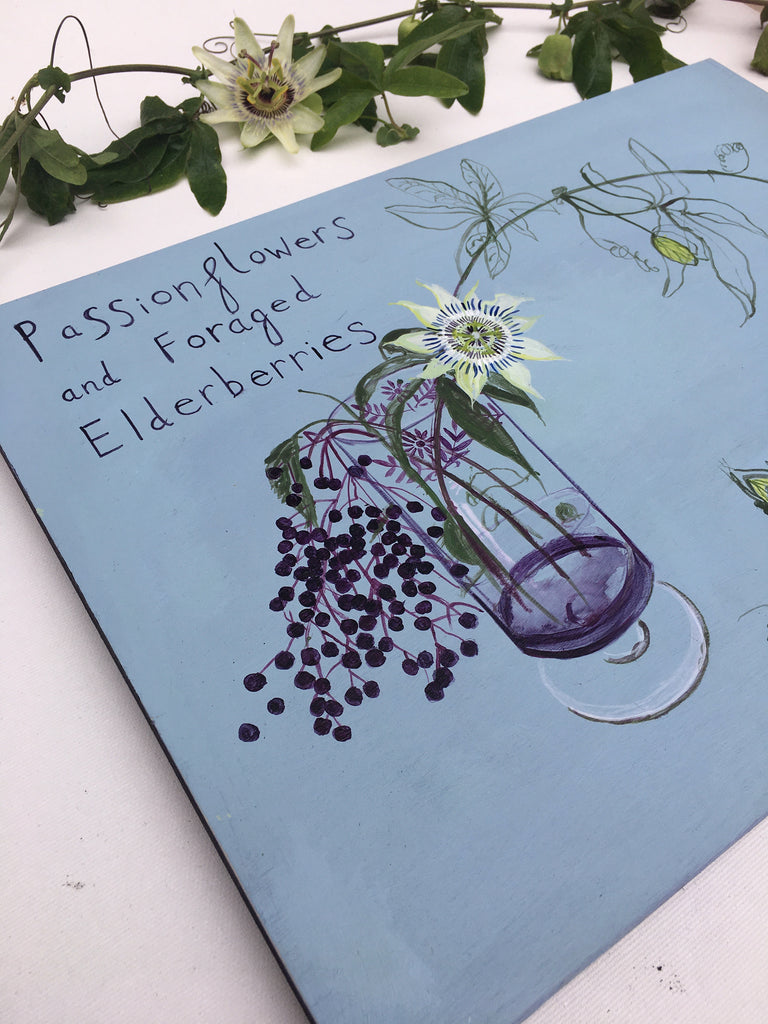 Passionflowers and Foraged Elderberries - Original Painting