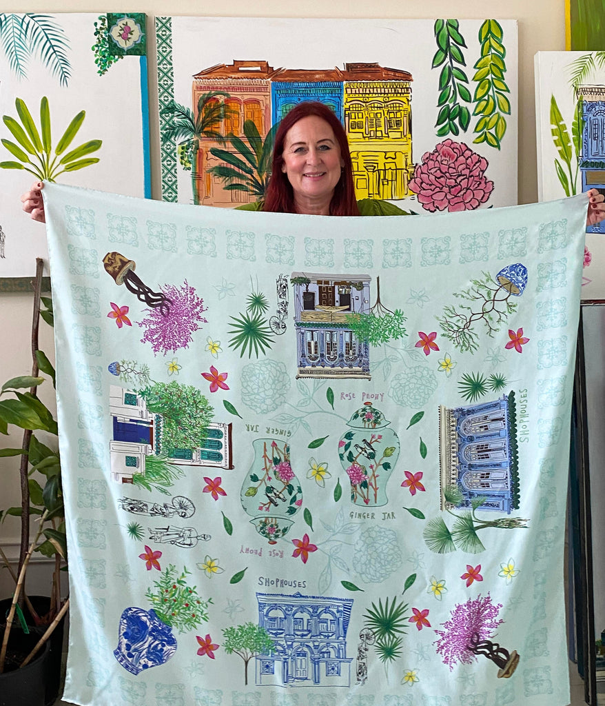 Silk Scarf - Frangipani Shophouses & Ginger Jars