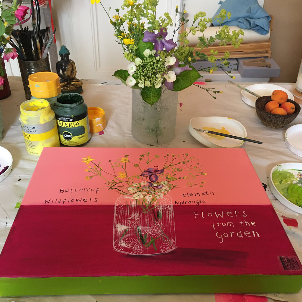 #ClareHaxbyFlowers 22 - Flowers from the Garden in a Patterned Glass Vase