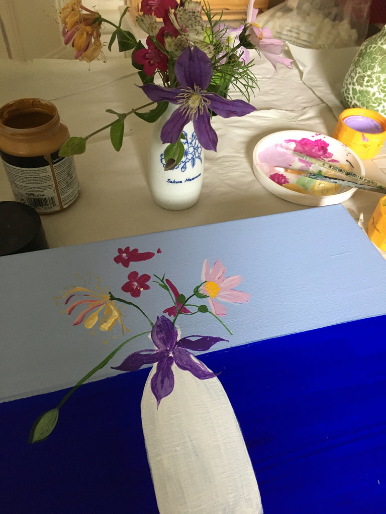 Clematis, Cosmos and Honeysuckle in a Saké Bottle