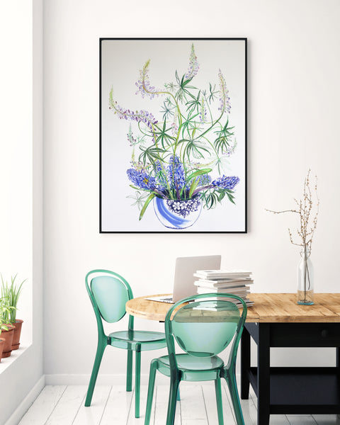 Twisty Lupins and Heavenly Perfumed Blue Hyacinths in a Japanese Bowl - Original Drawing