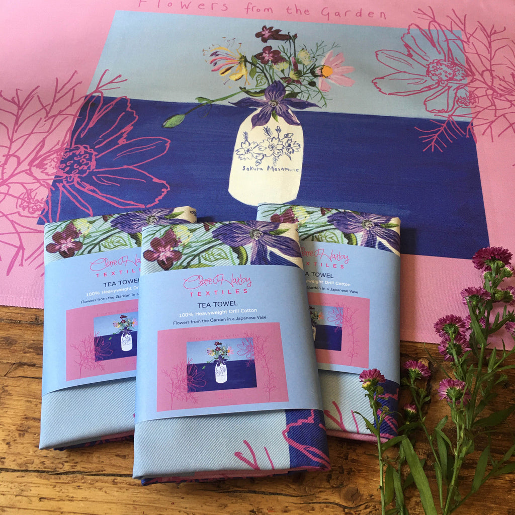 'Flowers from the Garden in a Japanese Vase' Tea Towel