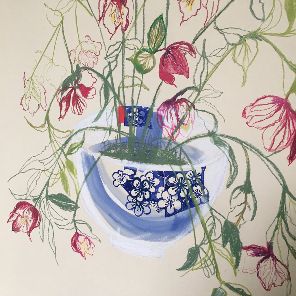 Hellebores in a Japanese Porcelain Bowl - Original Drawing