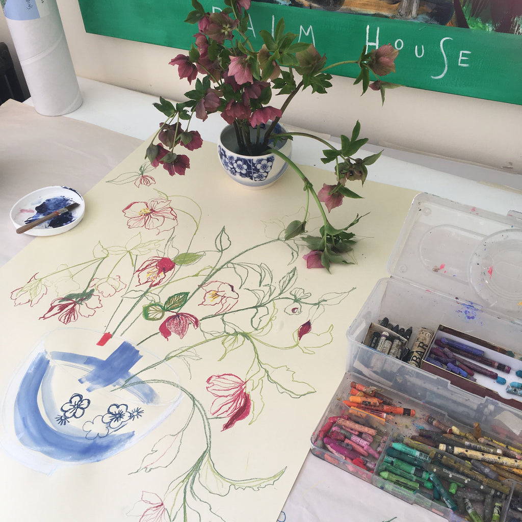 Hellebores in a Japanese Porcelain Bowl - Original Drawing
