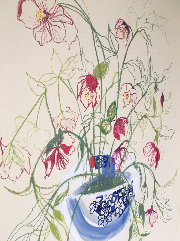 Hellebores in a Japanese Porcelain Bowl - Original Drawing
