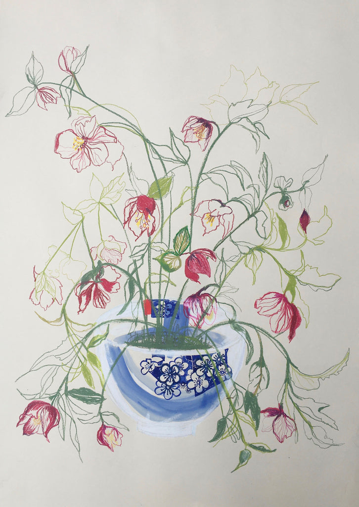Hellebores in a Japanese Porcelain Bowl - Original Drawing