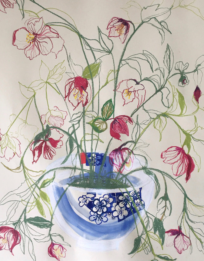 Hellebores in a Japanese Porcelain Bowl - Original Drawing