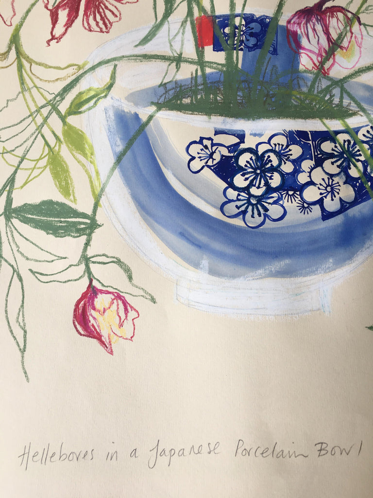 Hellebores in a Japanese Porcelain Bowl - Original Drawing