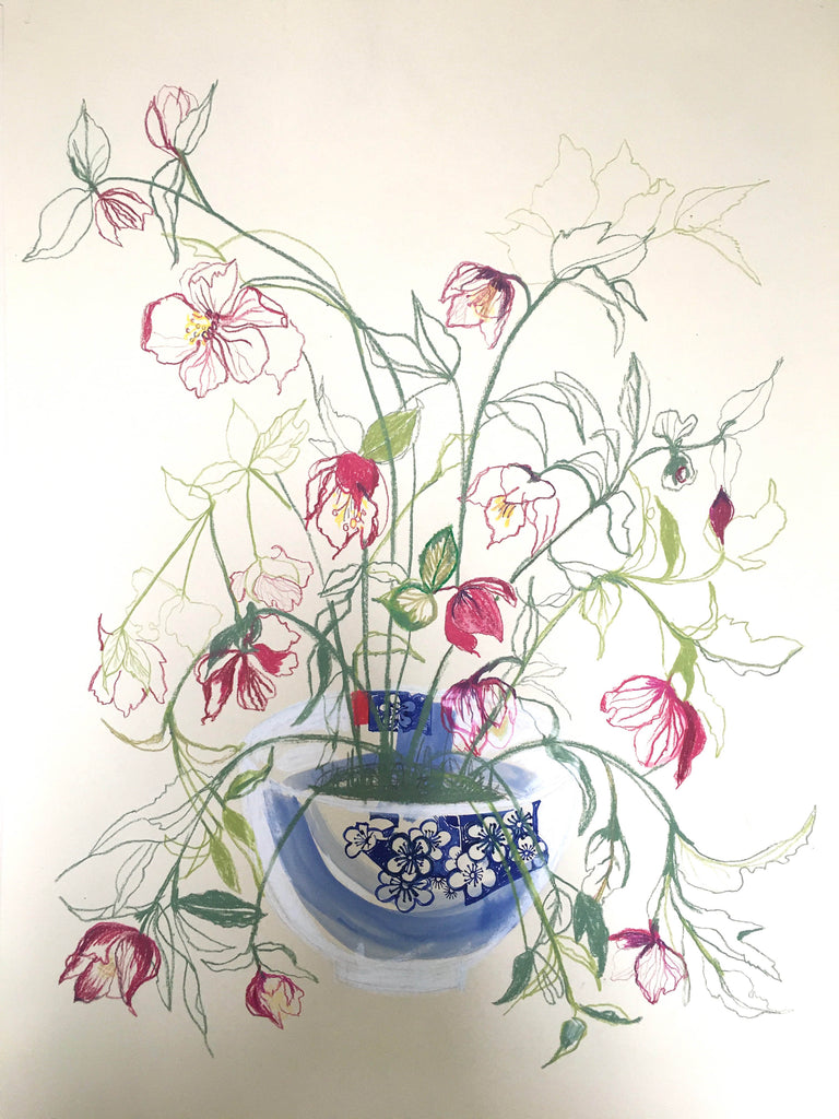 Hellebores in a Japanese Porcelain Bowl - Original Drawing
