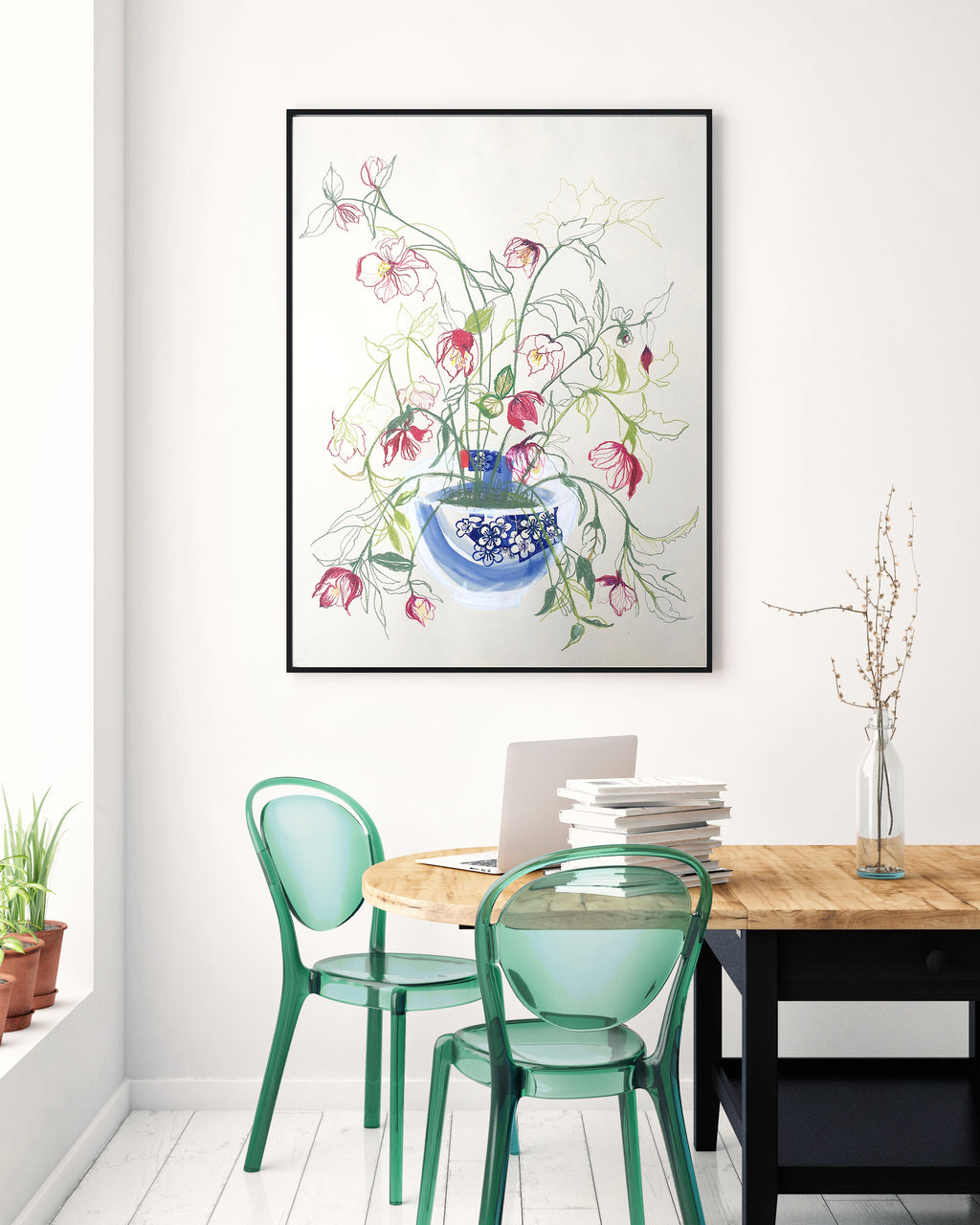 Hellebores in a Japanese Porcelain Bowl - Original Drawing