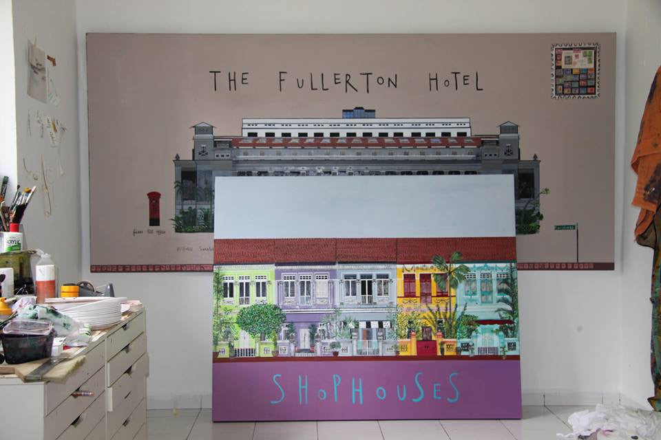 Singapore Shophouses Studio Painting by Clare Haxby
