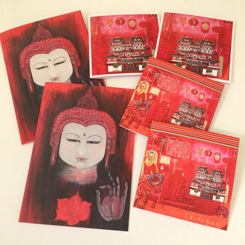 Chinatown Lanterns & Buddhas Greetings Card Set