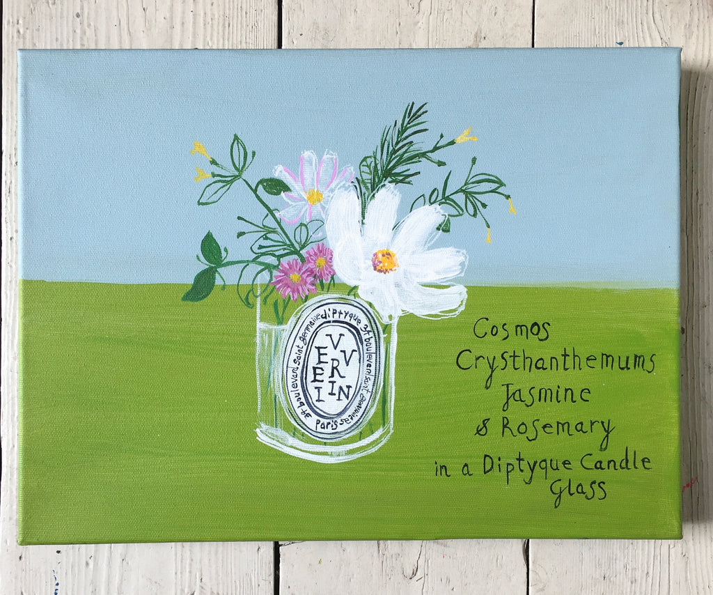 Cosmos, Chrysanthemums, Jasmine & Rosemary in a Diptyque Candle Glass