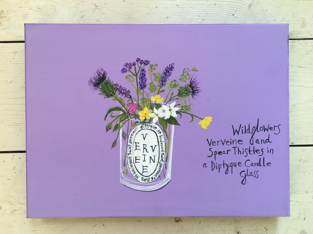#ClareHaxbyFlowers 72 - Wildflowers, Verveine and Spear Thistles in a Diptyque Candle Glass COMMISSION