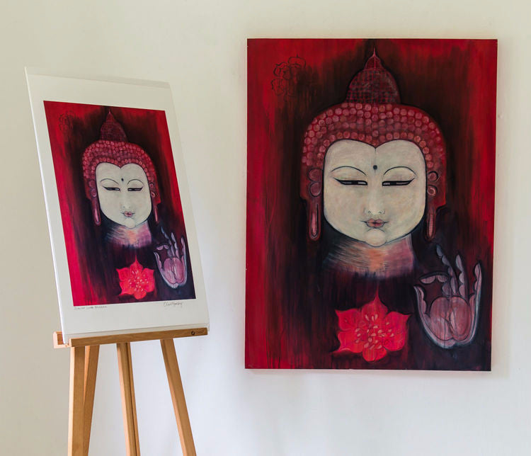 Scarlet Lotus Buddha Painting by Clare Haxby